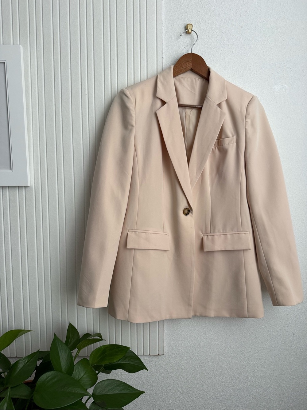 Oversized Cream Beige One-Button Blazer with Pockets